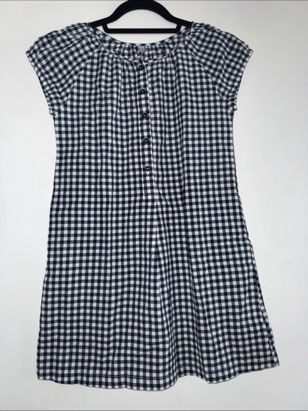 Uniqlo Navy and White Gingham Button Dress 100% Cotton Girls Size 11 / 12